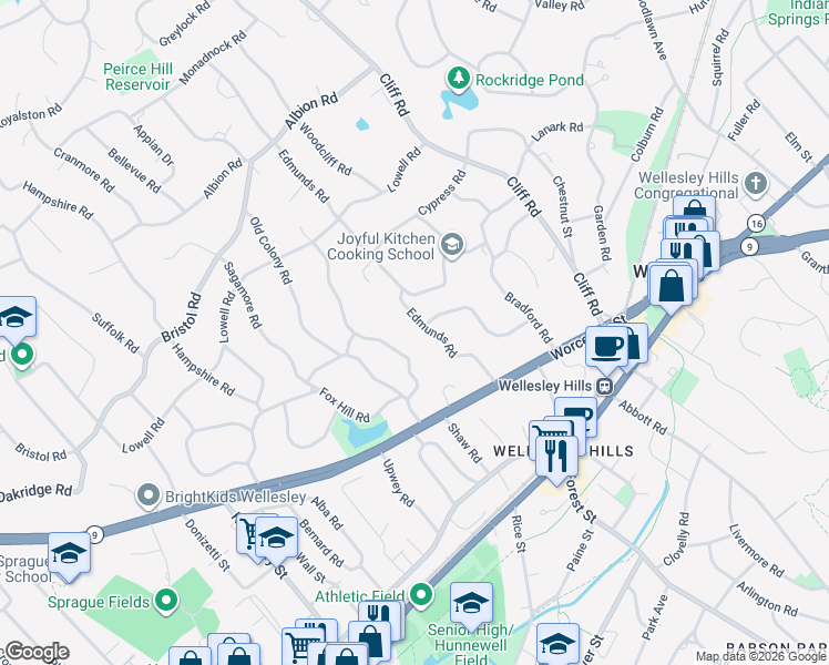 map of restaurants, bars, coffee shops, grocery stores, and more near 46 Edmunds Road in Wellesley