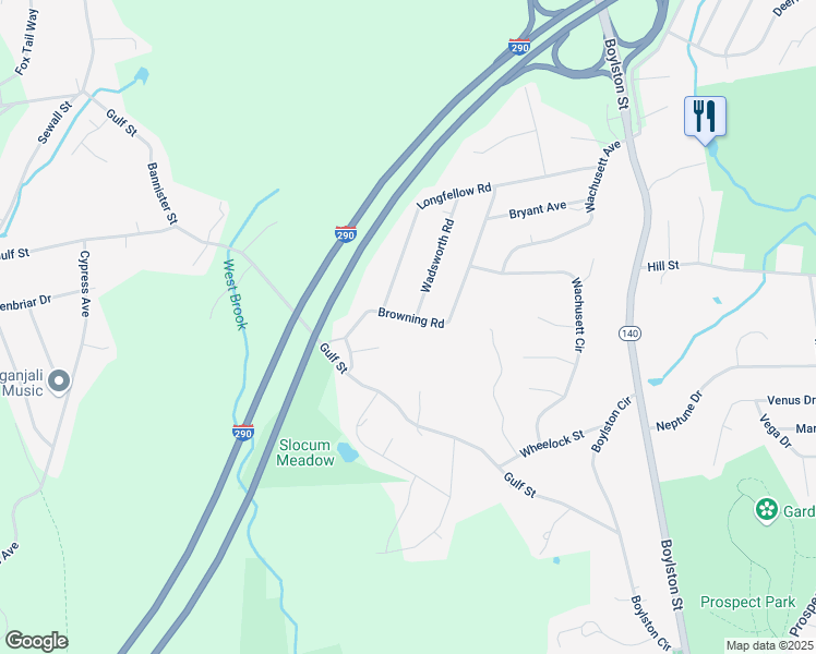 map of restaurants, bars, coffee shops, grocery stores, and more near 35 Browning Road in Shrewsbury