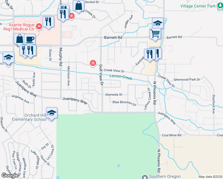 map of restaurants, bars, coffee shops, grocery stores, and more near 3324 Hidden Springs Drive in Medford