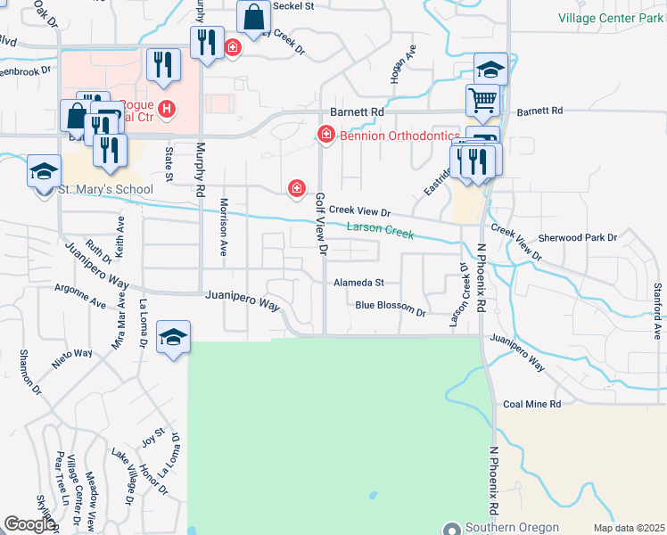 map of restaurants, bars, coffee shops, grocery stores, and more near 880 Golf View Dr in Medford