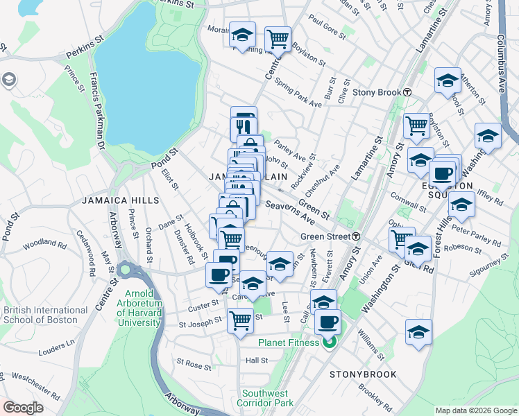 map of restaurants, bars, coffee shops, grocery stores, and more near 2 Brown Terrace in Boston