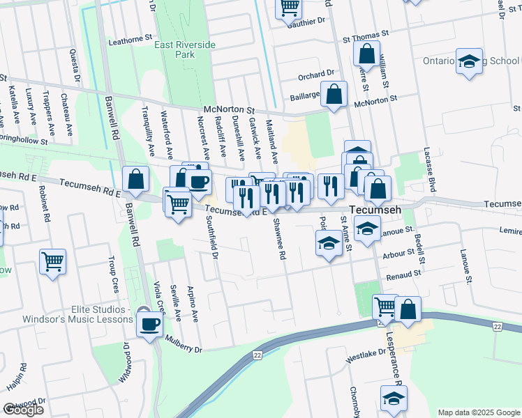map of restaurants, bars, coffee shops, grocery stores, and more near 11958 Tecumseh Road East in Windsor