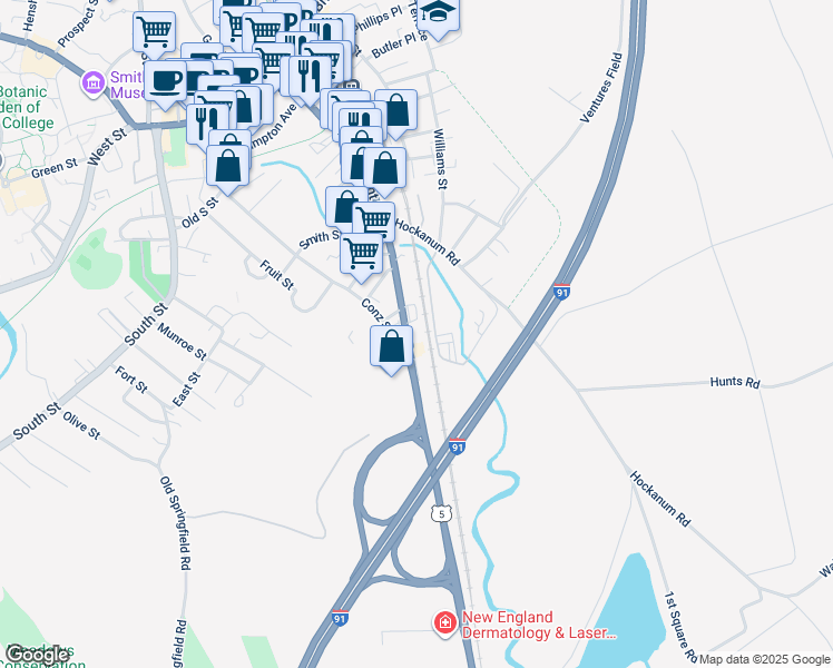 map of restaurants, bars, coffee shops, grocery stores, and more near 492 Pleasant Street in Northampton
