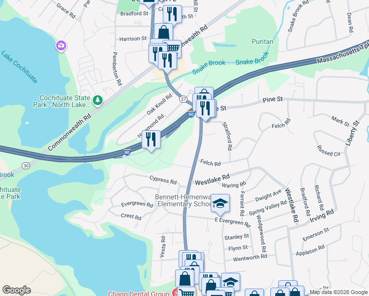 map of restaurants, bars, coffee shops, grocery stores, and more near 306 North Main Street in Natick