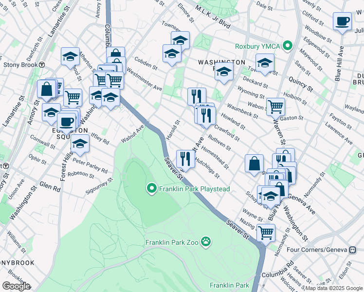 map of restaurants, bars, coffee shops, grocery stores, and more near 119 Hutchings Street in Boston