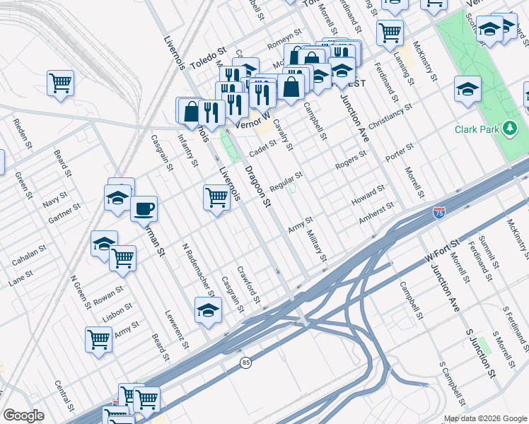 map of restaurants, bars, coffee shops, grocery stores, and more near 1301 Dragoon Street in Detroit
