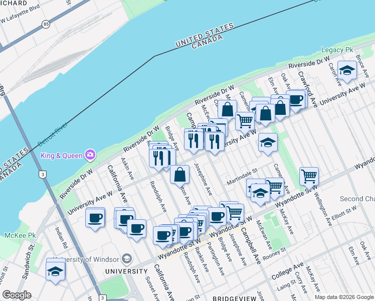 map of restaurants, bars, coffee shops, grocery stores, and more near in Windsor