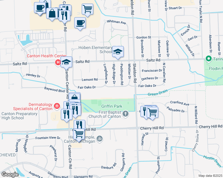 map of restaurants, bars, coffee shops, grocery stores, and more near 44763 Fair Oaks Drive in Canton