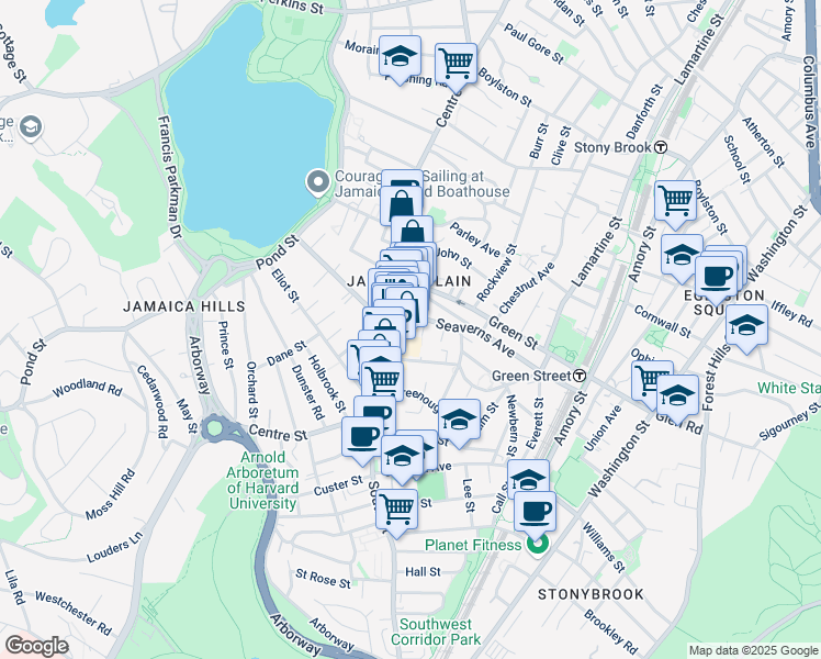 map of restaurants, bars, coffee shops, grocery stores, and more near 2 Brown Terrace in Boston