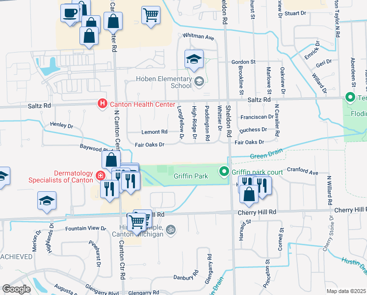 map of restaurants, bars, coffee shops, grocery stores, and more near 44763 Fair Oaks Drive in Canton