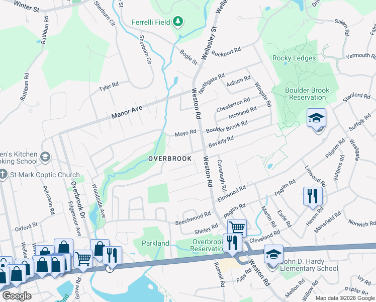 map of restaurants, bars, coffee shops, grocery stores, and more near 11 Parker Road in Wellesley