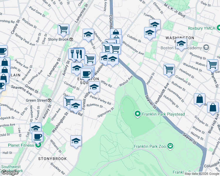 map of restaurants, bars, coffee shops, grocery stores, and more near 55 Iffley Road in Boston