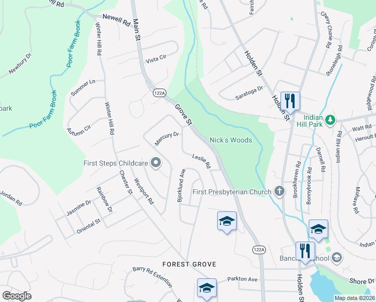 map of restaurants, bars, coffee shops, grocery stores, and more near 24 Leslie Road in Worcester