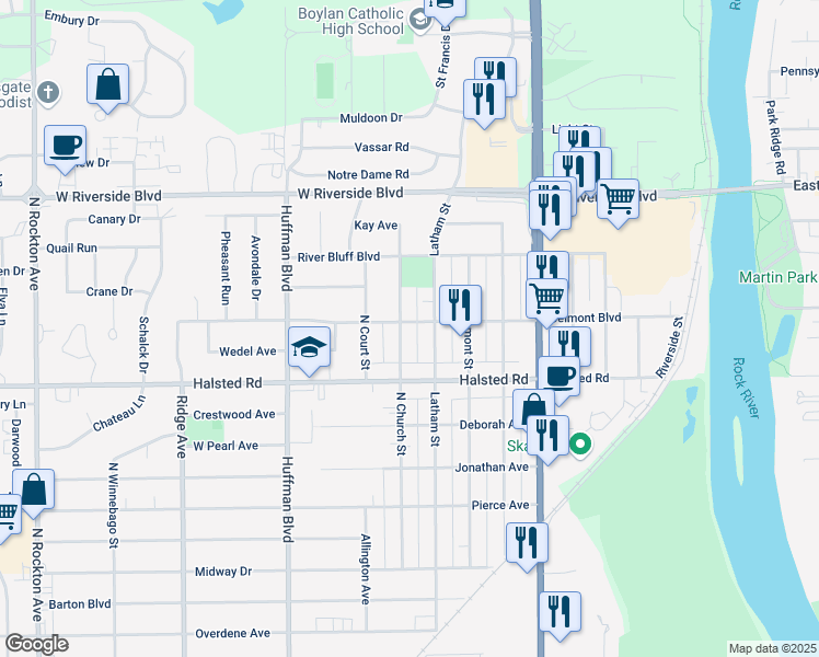 map of restaurants, bars, coffee shops, grocery stores, and more near 3439 North Church Street in Rockford