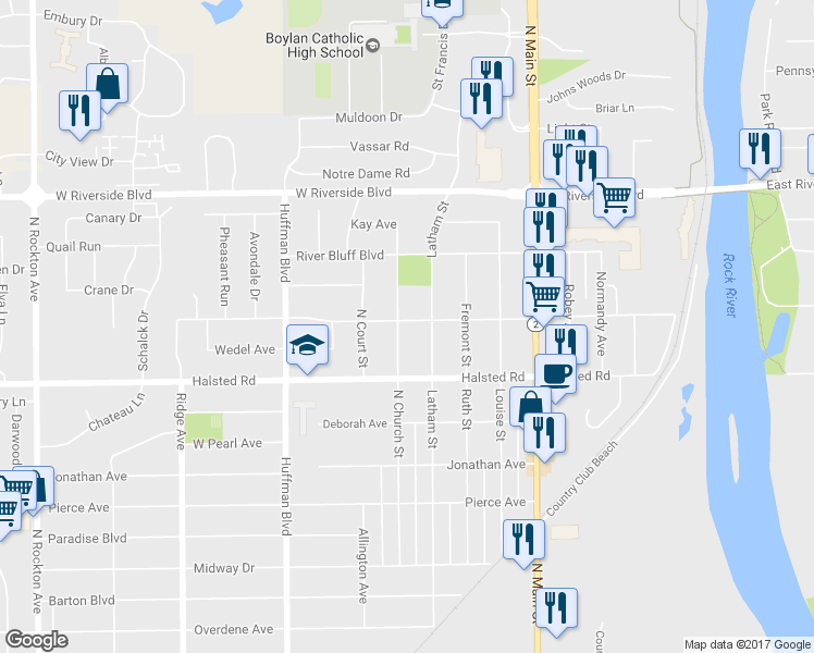 map of restaurants, bars, coffee shops, grocery stores, and more near 3439 North Church Street in Rockford