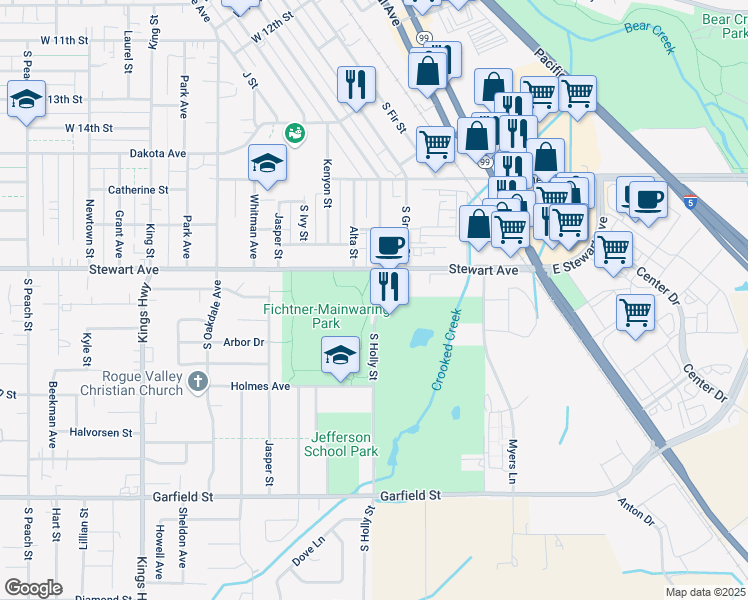 map of restaurants, bars, coffee shops, grocery stores, and more near 1180 South Holly Street in Medford