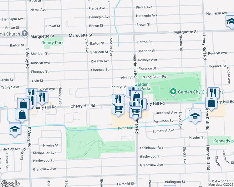 map of restaurants, bars, coffee shops, grocery stores, and more near 31540 Leona Street in Garden City