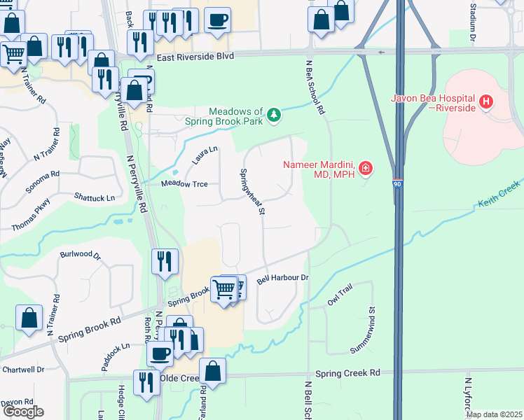 map of restaurants, bars, coffee shops, grocery stores, and more near Springwheat Street in Rockford