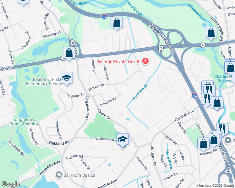 map of restaurants, bars, coffee shops, grocery stores, and more near 40 Dunedin Rd in Wellesley