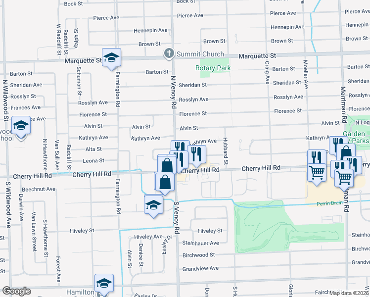 map of restaurants, bars, coffee shops, grocery stores, and more near 244 North Venoy Road in Garden City