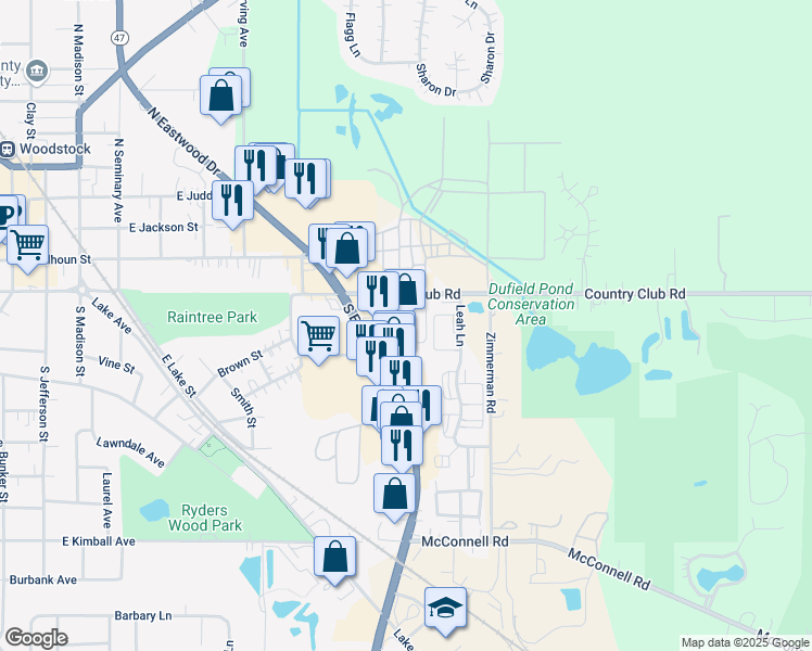 map of restaurants, bars, coffee shops, grocery stores, and more near 1050 Country Club Road in Woodstock