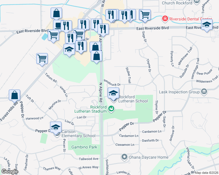 map of restaurants, bars, coffee shops, grocery stores, and more near 3521 Inglenook Lane in Rockford