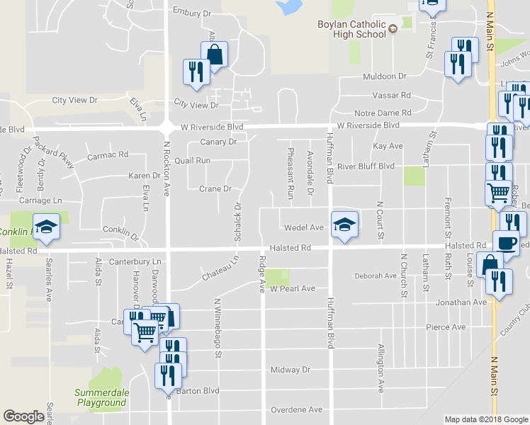 map of restaurants, bars, coffee shops, grocery stores, and more near 3431 Ridge Avenue in Rockford