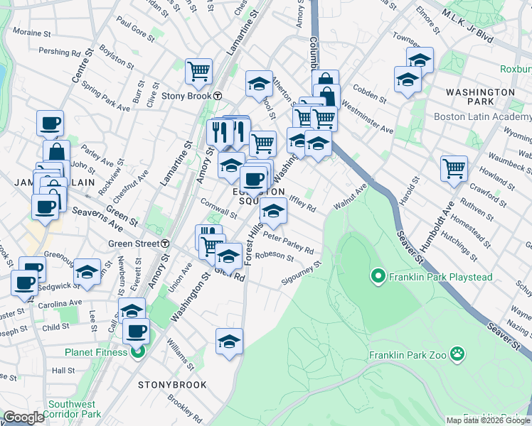 map of restaurants, bars, coffee shops, grocery stores, and more near 12 Forest Hills Street in Boston