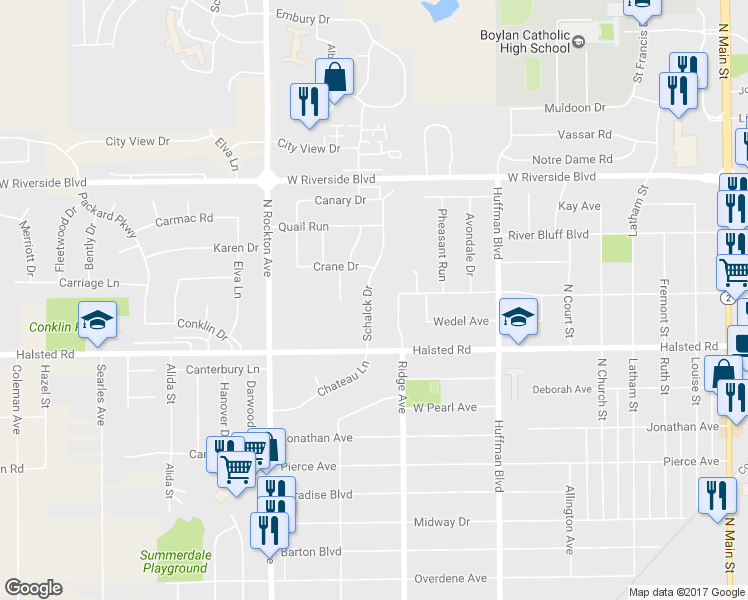 map of restaurants, bars, coffee shops, grocery stores, and more near 3431 Schalck Drive in Rockford
