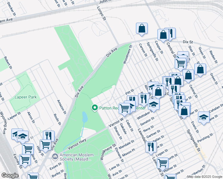 map of restaurants, bars, coffee shops, grocery stores, and more near 2585 Cabot Street in Detroit