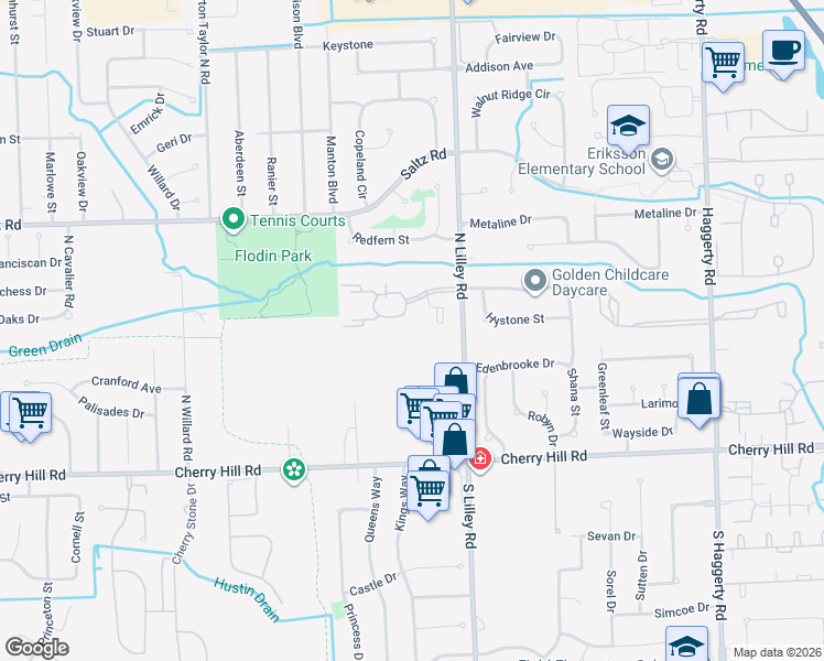 map of restaurants, bars, coffee shops, grocery stores, and more near 42601 Lilley Pointe Drive in Canton