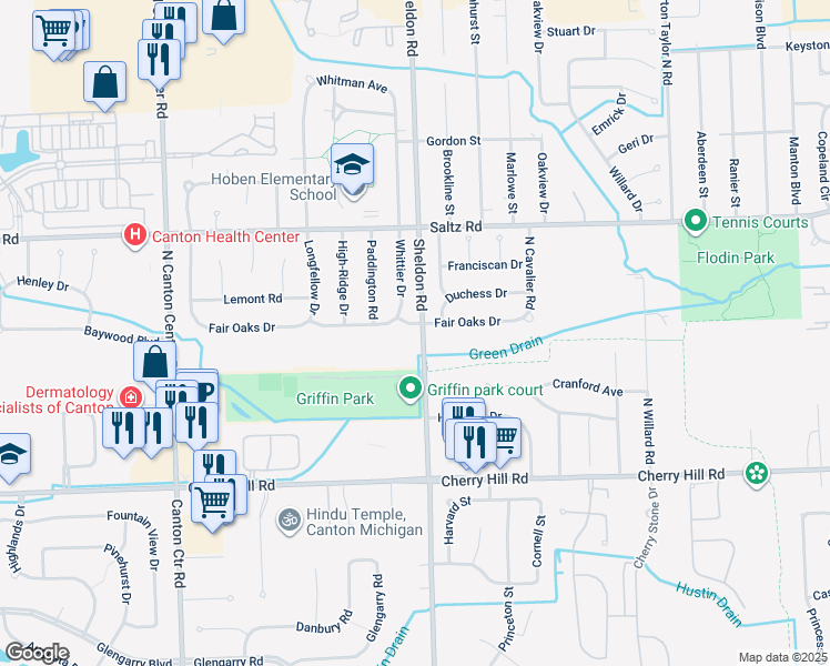 map of restaurants, bars, coffee shops, grocery stores, and more near 44451 Fair Oaks Drive in Canton