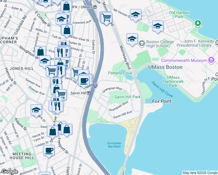 map of restaurants, bars, coffee shops, grocery stores, and more near 40 Grampian Way in Boston