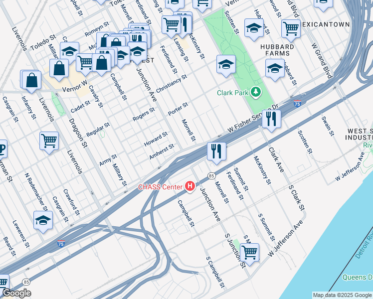 map of restaurants, bars, coffee shops, grocery stores, and more near 1014 Junction Avenue in Detroit