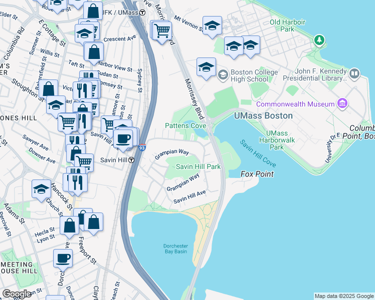 map of restaurants, bars, coffee shops, grocery stores, and more near 64 Grampian Way in Boston