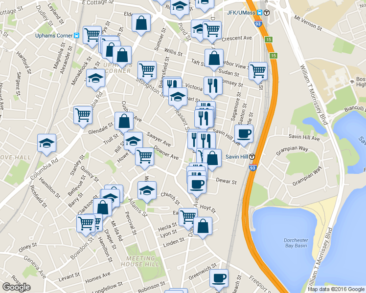 map of restaurants, bars, coffee shops, grocery stores, and more near 109 Pleasant Street in Boston