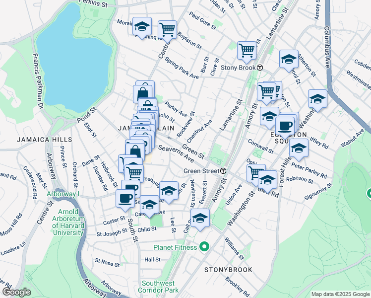 map of restaurants, bars, coffee shops, grocery stores, and more near 62 Green Street in Boston