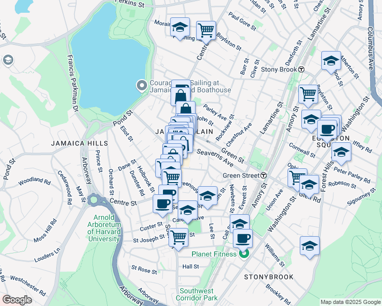 map of restaurants, bars, coffee shops, grocery stores, and more near 2 Brown Terrace in Boston
