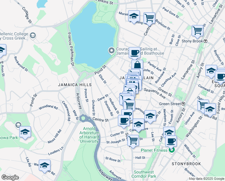 map of restaurants, bars, coffee shops, grocery stores, and more near 40 Eliot Street in Boston