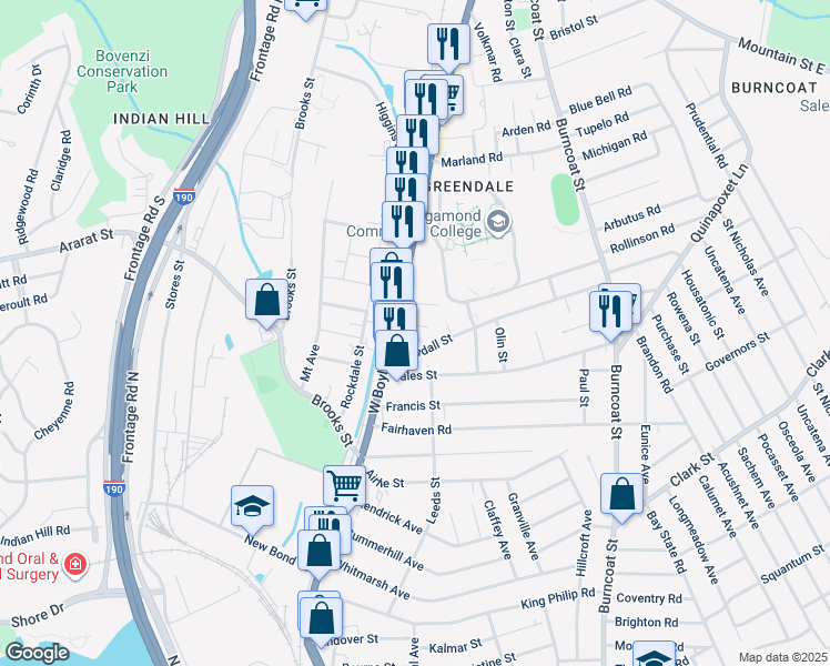 map of restaurants, bars, coffee shops, grocery stores, and more near 598 Massachusetts 12 in Worcester