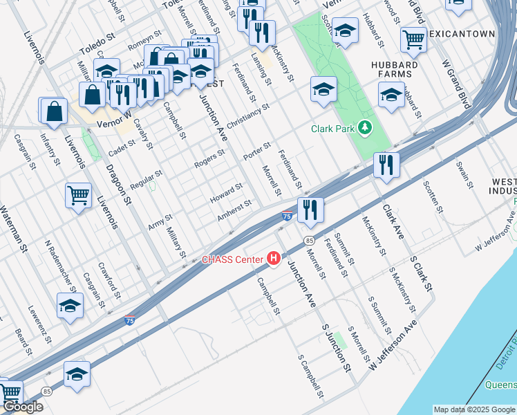 map of restaurants, bars, coffee shops, grocery stores, and more near 5645 Amherst Street in Detroit