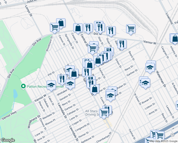 map of restaurants, bars, coffee shops, grocery stores, and more near 7759 Vernor Highway in Detroit