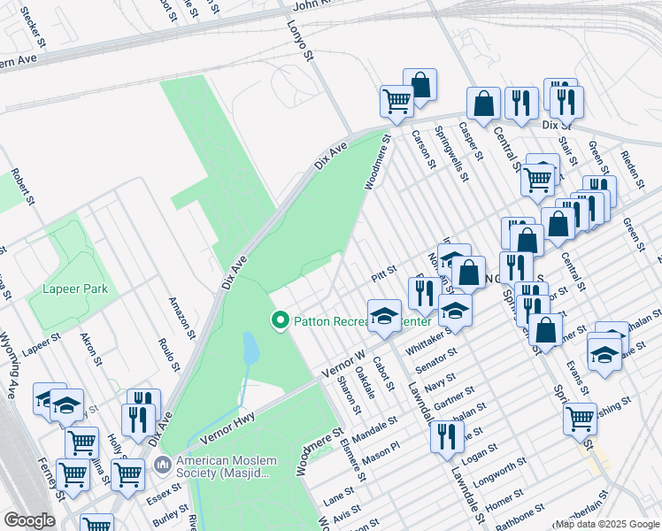 map of restaurants, bars, coffee shops, grocery stores, and more near 2585 Cabot Street in Detroit