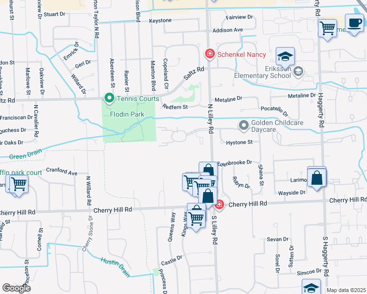 map of restaurants, bars, coffee shops, grocery stores, and more near 42595 Lilley Pointe Drive in Canton