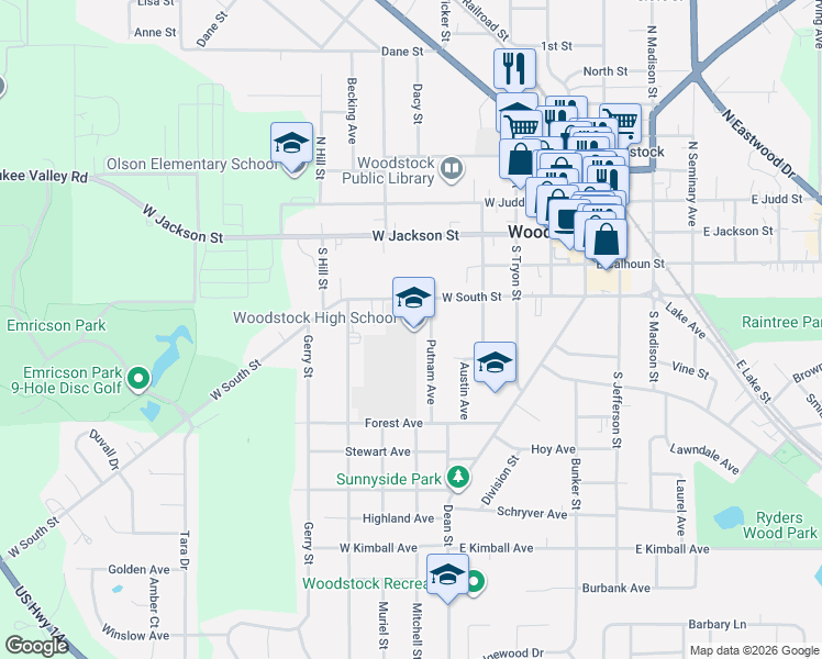 map of restaurants, bars, coffee shops, grocery stores, and more near 4 Putnam Avenue in Woodstock