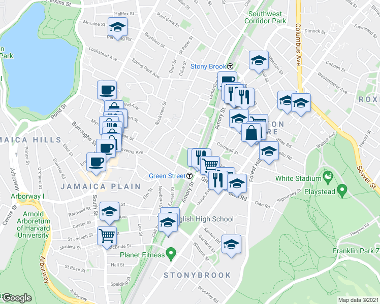 map of restaurants, bars, coffee shops, grocery stores, and more near 3 Oakdale Terrace in Boston