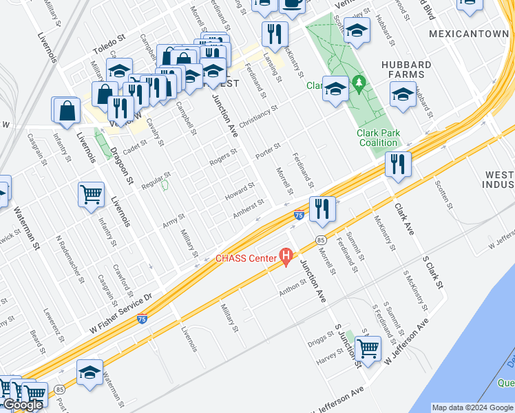 map of restaurants, bars, coffee shops, grocery stores, and more near 5645 Amherst Street in Detroit