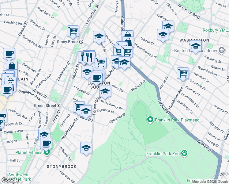 map of restaurants, bars, coffee shops, grocery stores, and more near 70 Montebello Road in Boston