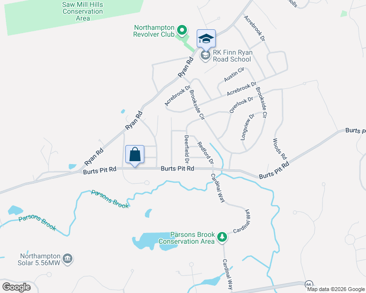 map of restaurants, bars, coffee shops, grocery stores, and more near 36 Deerfield Drive in Northampton