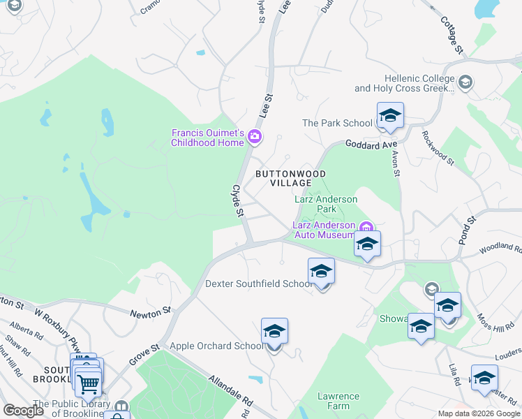 map of restaurants, bars, coffee shops, grocery stores, and more near 11 Larkin Road in Brookline